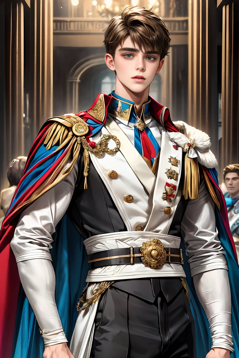 masterpiece, 最high quality, high quality, 1 boy, alone, Male focus, Watching the audience, Messy brown hair, Adorable big blue eyes, White people, Noble, Noble,Sexy voluminous cape、vampire、A very voluminous, large, very large, very large, long, long red and black cape with a high stand-up collar, made of a lot of fabric that reaches down to the floor., ,Cute beautiful boys,Cute, cute, kind, handsome guy