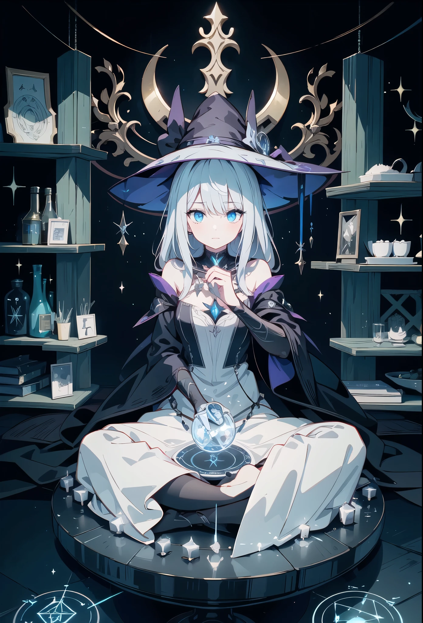 depicts a modern-day witch who has embraced the world of cybernetics to enhance her magical abilities. The artwork should convey the enchanting blend of traditional witchcraft and futuristic technology. Here are some specific elements to include: The Witch's Lair: The setting should be a cozy yet slightly eerie room, filled with magical books, crystal balls, potion ingredients, and antique furnishings. The room should be dimly lit by candles and a soft, mystical glow emanating from her cybernetic enhancements. The Cyborg Witch: The central focus of the artwork is the witch herself. She's a striking figure with a mix of traditional witch attire and cybernetic enhancements. Her clothing should have a witchy, occult aesthetic, with flowing robes, a pointed hat, and an intricate pentagram necklace. Her arms, however, have been upgraded with cybernetic components that incorporate magical symbols and glowing runes. Magical Interface: The witch is in the midst of casting a spell, with a holographic, touch-screen interface floating before her. This interface includes spell incantations, arcane symbols, and digital components, demonstrating her fusion of magic and technology. Spell Ingredients: On a nearby table, there should be a collection of spell ingredients, like herbs, potions, and magical artifacts. Some of these items may have been modified with cybernetic enhancements, blurring the line between the natural and the technological. Familiar: The witch's familiar, perhaps a cat or raven, should be present in the scene, serving as her magical companion. The familiar could also have subtle cybernetic enhancements or glowing eyes. Glowing Runes: The room should be adorned with ancient symbols and glowing runes on the walls and floor, contributing to the magical atmosphere. Aetherial Lighting: Use a combination of mystical, ethereal lighting and cybernetic glows to create a captivating interplay of light and shadow. The contrast between the tradit