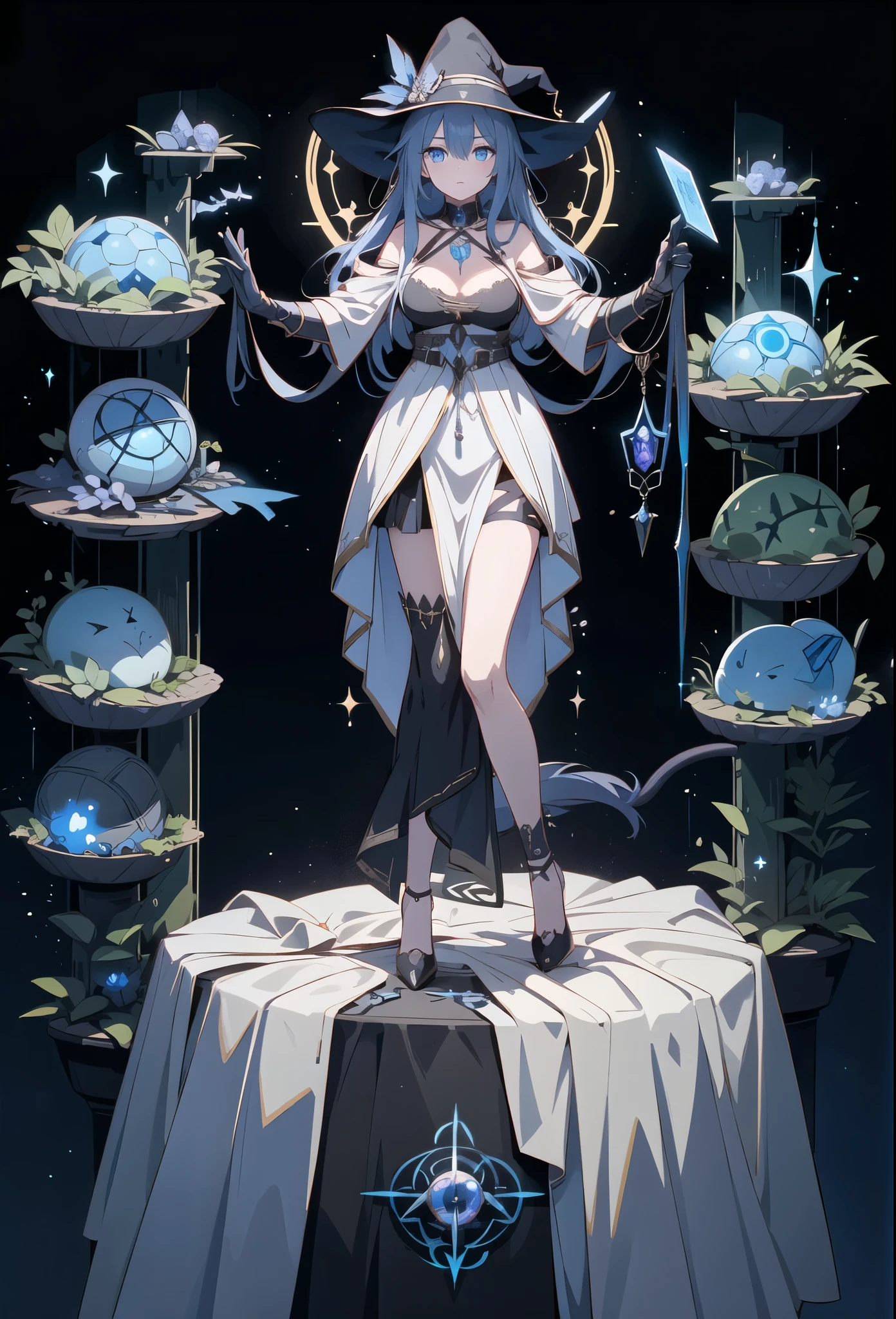 depicts a modern-day witch who has embraced the world of cybernetics to enhance her magical abilities. The artwork should convey the enchanting blend of traditional witchcraft and futuristic technology. Here are some specific elements to include: The Witch's Lair: The setting should be a cozy yet slightly eerie room, filled with magical books, crystal , potion ingredients, and antique furnishings. The room should be dimly lit by candles and a soft, mystical glow emanating from her cybernetic enhancements. The Cyborg Witch: The central focus of the artwork is the witch herself. She's a striking figure with a mix of traditional witch attire and cybernetic enhancements. Her clothing should have a witchy, occult aesthetic, with flowing robesointed hat, and an intricate pentagram necklace. Her arms, however, have been upgraded with cybernetic components that incorporate magical symbols and glowing runes. Magical Interface: The witch is in the midst of casting a spell, with a holographic, touch-screen interface floating before her. This interface includes spell incantations, arcane symbols, and digital components, demonstrating her fusion of magic and technology. Spell Ingredients: On a nearby table, there should be a collection of spell ingredients, like herbs, potions, and magical artifacts. Some of these items may have been modified with cybernetic enhancements, blurring the line between the natural and the technological. Familiar: The witch's familiar, perhaps a cat or raven, should be present in the scene, serving as her magical companion. The familiar could also have subtle cybernetic enhancements or glowing eyes. Glowing Runes: The room should be adorned with ancient symbols and glowing runes on the walls and floor, contributing to the magical atmosphere. Aetherial Lighting: Use a combination of mystical, ethereal lighting and cybernetic glows to create a captivating interplay of light and shadow. The contrast between the tradit