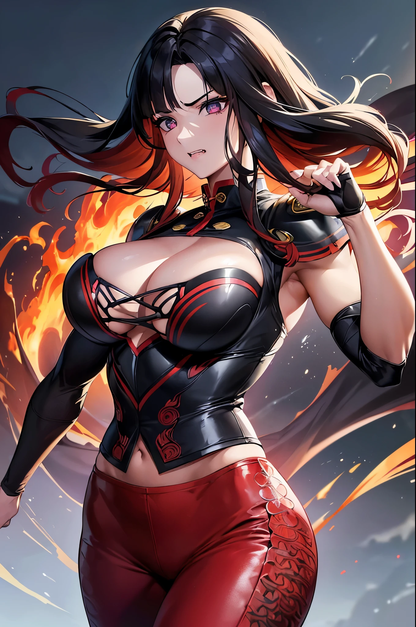 8k,Black light、Real Art、Slim and muscular macho manな女性、Super Beauty(Like the real thing)、Super strong muscles,Iris、Ultra high definition、One mature woman、Light brown mohawk、Mature Demon Slayer: Kimetsu no Yaiba: Kimetsu no Yaiba、anger,Sharp Eyes,非常にVery large breasts、Glowing Iris、Slim and muscular macho man、Lean and muscular lower body、Gorgeous Red Large Chest Chest Armor、Luxury black and red pants、Gorgeous red shoulder pads,Detailed light、Dynamic Angle、Depth of written boundary、(((((())))、Show me your fangs、(Super A)High resolution、Best image quality)、(8k、RAW Photos、Best image quality、masterpiece)、sense of technology、Best image quality、masterpiece、Awareness-raising、CG、Sense of unity、wallpaper、Official Art,Very delicate and beautiful、Attention to detail、Attention to detail、Clear focus、Rich background、(Real People、image)、((High resolutionの肌))、A large flame burning red from the body(Tone flame effect)(There are many big flames)Fantasy art、Shoulder muscles abdominal muscles、Arm Muscles,Ultra-Realistic Skin、Combat pose,Look at the viewers,Big Energy,Japanese,Dynamic action poses,Very large breasts,Super-sixed abs,