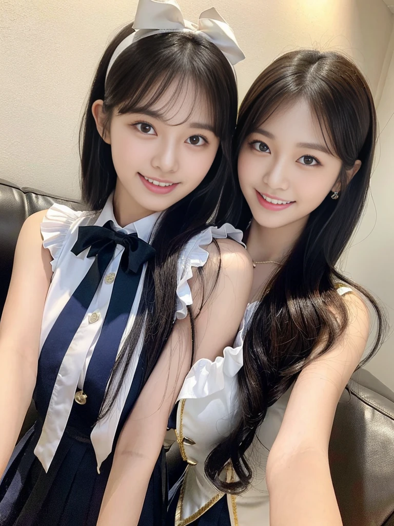 (Super cute Korean high school girls duo take photos 1.2)(grin,Smile)(Beautiful Sweat:1.1)(16K, RAW Photos, Highest quality, masterpiece: 1.2),(Beautiful short bob hair with even bangs, black hair) Super detailed, Super Resolution, (Genuine, Genuine photos: 1.37), Portraiture, High-resolution RAW color photos, Professional photos, Very detailed, 8k wallpaper, Very detailed CG Unity 8k wallpaper, Very detailed beautiful girls, Very detailed faces, ((whole body)), beautiful woman, Huge breasts,(huge boobs:1.1) (Big Boobs:1.1), Beauty college student (A tight, girly, navy sleeveless  with ribbon),high school girl, Korean Girls,(K-POP Female Idols), (Idol-class beauty)(Beautiful high school girl:1.1)(Disneyland)(18-year-old)(Stylish school uniform-style outfit:1.1)(Group photo:1.1)(Disney headbands:1.0)
