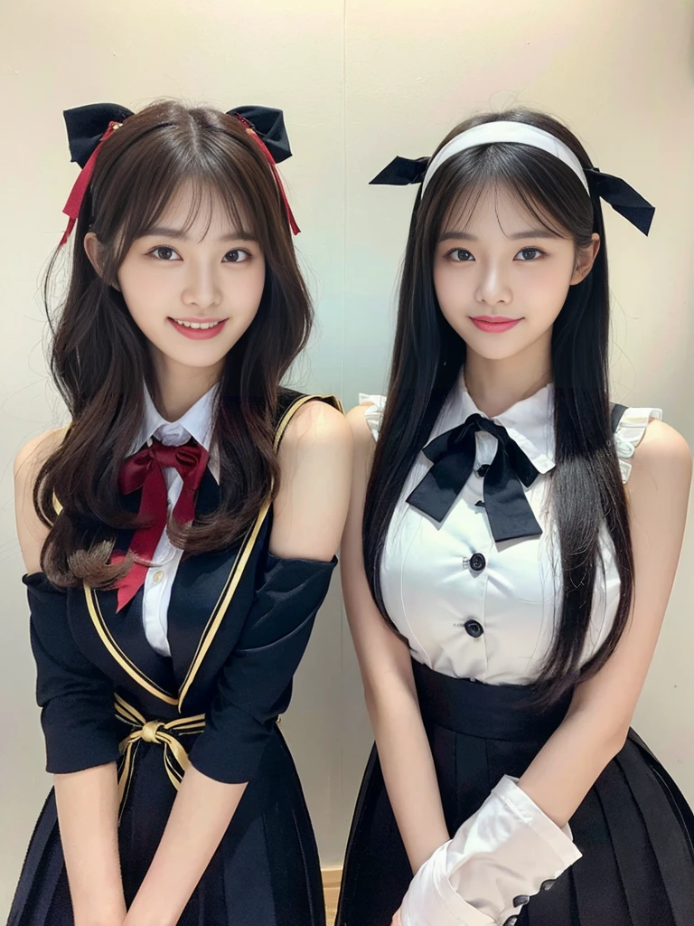 (Super cute Korean high school girls duo take photos 1.2)(grin,Smile)(Beautiful Sweat:1.1)(16K, RAW Photos, Highest quality, masterpiece: 1.2),(Beautiful short bob hair with even bangs, black hair) Super detailed, Super Resolution, (Genuine, Genuine photos: 1.37), Portraiture, High-resolution RAW color photos, Professional photos, Very detailed, 8k wallpaper, Very detailed CG Unity 8k wallpaper, Very detailed beautiful girls, Very detailed faces, ((whole body)), beautiful woman, Huge breasts,(huge boobs:1.1) (Big Boobs:1.1), Beauty college student (A tight, girly, navy sleeveless with ribbon),high school girl, Korean Girls,(K-POP Female Idols), (Idol-class beauty)(Beautiful high school girl:1.1)(Disneyland)(18-year-old)(Stylish school uniform-style outfit:1.1)(Group photo:1.1)(Disney headbands:1.0)