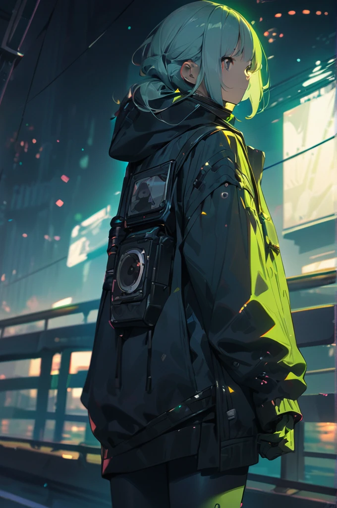((Best quality)), ((masterpiece)), (detailed), Cyberpunk girl stands on a bridge