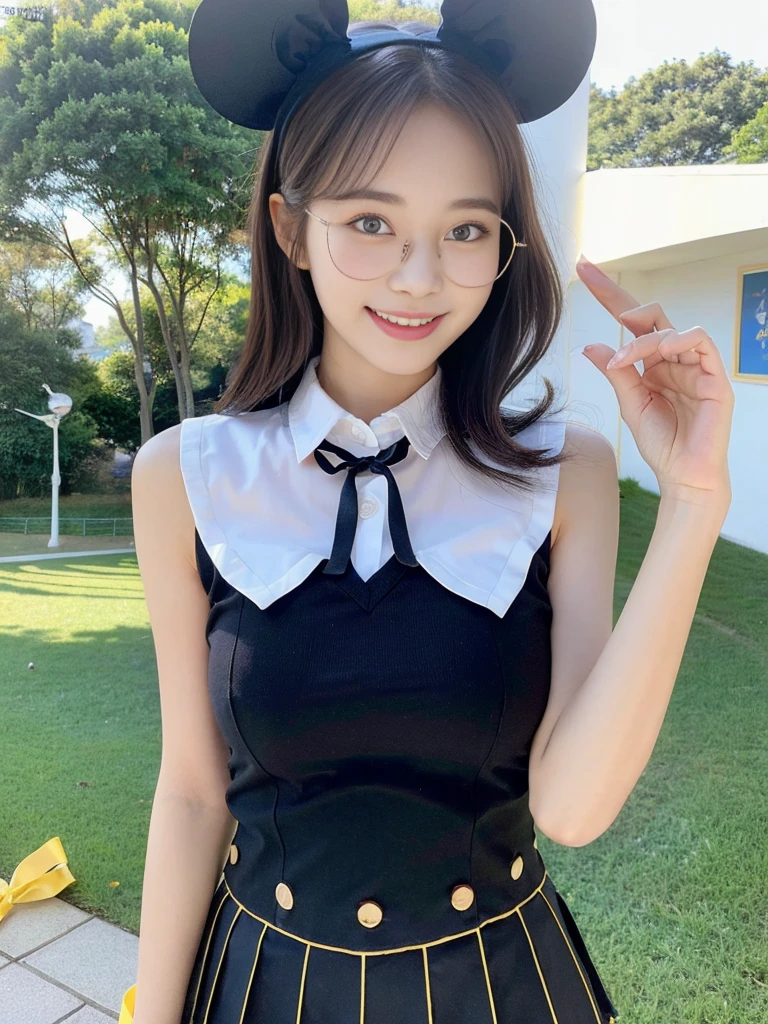 (A super cute Korean high school girl wearing Korean-style cute glasses cosplaying as Mickey Mouse takes a photo 1.2)(grin,Smile)(Beautiful Sweat:1.1)(16K, RAW Photos, Highest quality, masterpiece: 1.2),(Beautiful short bob hair with even bangs, black hair) Super detailed, Super Resolution, (Genuine, Genuine photos: 1.37), Portraiture, High-resolution RAW color photos, Professional photos, Very detailed, 8k wallpaper, Very detailed CG Unity 8k wallpaper, Very detailed beautiful girls, Very detailed faces, ((whole body)), beautiful woman, Huge breasts,(huge boobs:1.1) (Big Boobs:1.1), Beauty college student( (A tight, girly, navy sleeveless  with ribbon),) (Mickey Mouse headband),high school girl, Korean Girls,(K-POP Female Idols), (Idol-class beauty)(Beautiful high school girl:1.1)(Beautiful park with windmills)(18-year-old)(Stylish school uniform-style outfit:1.1)plain girl,thick lensed foggy glasses