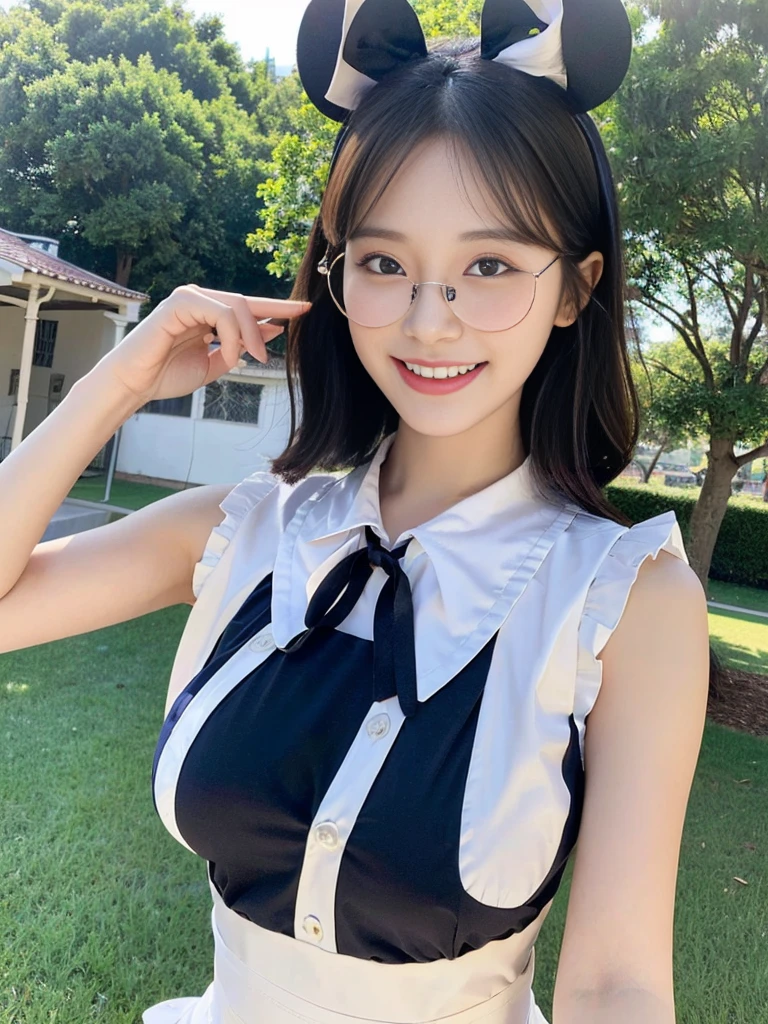 (A super cute Korean high school girl wearing Korean-style cute glasses cosplaying as Mickey Mouse takes a photo 1.2)(grin,Smile)(Beautiful Sweat:1.1)(16K, RAW Photos, Highest quality, masterpiece: 1.2),(Beautiful short bob hair with even bangs, black hair) Super detailed, Super Resolution, (Genuine, Genuine photos: 1.37), Portraiture, High-resolution RAW color photos, Professional photos, Very detailed, 8k wallpaper, Very detailed CG Unity 8k wallpaper, Very detailed beautiful girls, Very detailed faces, ((whole body)), beautiful woman, Huge breasts,(huge boobs:1.1) (Big Boobs:1.1), Beauty college student( (A tight, girly, navy sleeveless  with ribbon),) (Mickey Mouse headband),high school girl, Korean Girls,(K-POP Female Idols), (Idol-class beauty)(Beautiful high school girl:1.1)(Beautiful park with windmills)(18-year-old)(Stylish school uniform-style outfit:1.1)plain girl,thick lensed foggy glasses