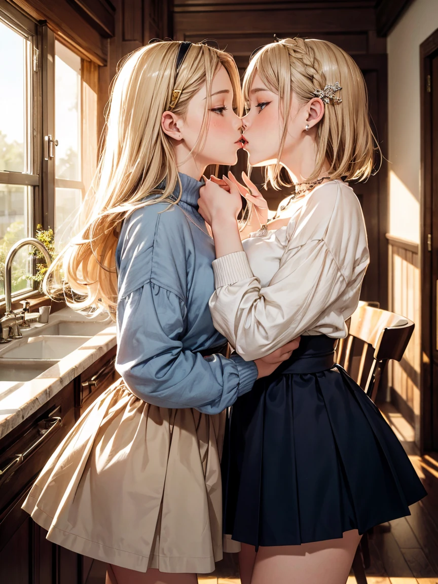 (​masterpiece),(top-quality:1.2),(two girls is deeply in love with each other:1.3), (kiss:1.2), (masuter piece:1.3),exquisitedetails, Highest quality 8K resolution, Ultra-detailed, Realistic, Vibrant colors, Soft tones, With warm and gentle lighting, A woman standing in a room wearing a skirt and sweater,  designed for cozy aesthetics, wide skirt, Styling, With short hair, simple style, Beige, 2 0, Dynamic!!, Cute:2, F / 2 0, Roots and hay coat, lookbook, Vivid), 9, jimin, ( Side ) profile  (Smooth straight blonde hair:1.2),(Hair parted in the middle:1.3),(Glowing hair),(Dark blue eyes:1.3),(Hands close to the face:1.4),White skin, hair clips,Small necklace,A gentle feeling overflows,The sun's rays illuminate joy and pure love, Warm golden glow,The atmosphere is full of happiness and laughter, As if celebrating love,Ultra-detailed depiction and vivid colors,A style that combines romanticism and realism,depth of love,color palettes,Create an ethereal atmosphere like a dream,Lighting is soft and diffused,masterpiece artwork