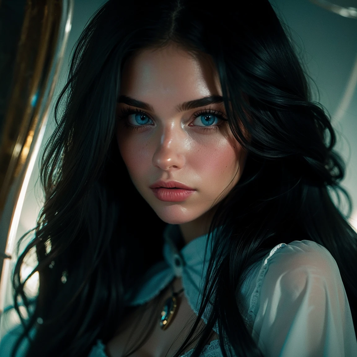 Beautiful girl inside an hourglass, black long hair, light blue eyes