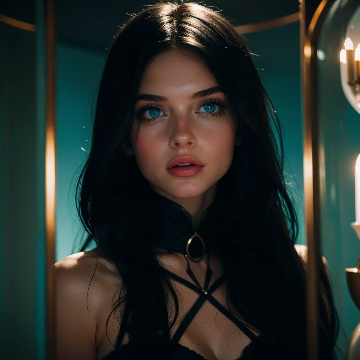 Beautiful girl inside an hourglass, black long hair, light blue eyes