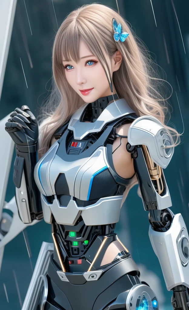 Super Detail, High Detail, high quality, best quality, High resolution，1 female robot，Beautiful female robot,beautiful clear face(Rain waves_haneame：1.5)， Realistic, High resolution, Soft Light,Hips up, (Detailed face), silver hair, long hair, Mecha Maiden, Colorful mechanical parts, mechanical joint, Thick mechanical armor,Weaponry, All metal body, Technology Antenna Hair Accessories
