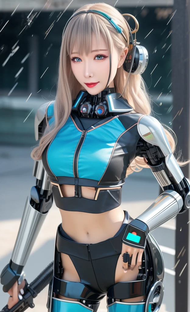 Super Detail, High Detail, high quality, best quality, High resolution,1 female robot,Beautiful female robot,beautiful clear face(Rain waves_haneame:1.5), Realistic, High resolution, Soft Light,Hips up, (Detailed face), silver hair, long hair, Mecha Maiden, Colorful mechanical parts, mechanical joint, Thick mechanical armor,Weaponry, All metal body, Technology Antenna Hair Accessories