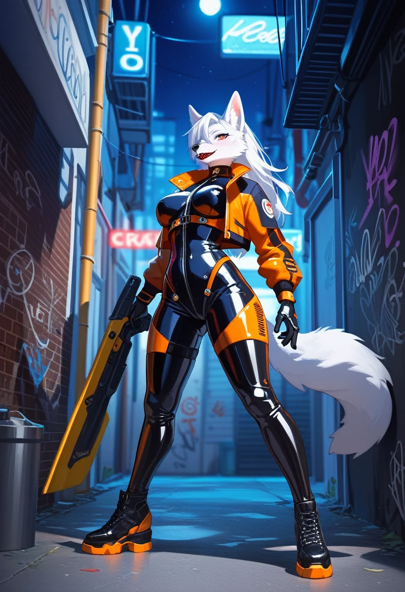 animation, Highest quality, Highest quality, High quality illustrations, masterpiece, Ultra-high resolution, Detailed Background, Alley, night, Graffiti art on the wall, Absurd, Perfect Anatomy, performance, Good lighting, Shadows in the movies(kemono, Furry Personifi猫ion), Wolf, woman, White Skin, Rubber suit, latex, neon, neonライト, neonカラー, Bodysuits, Cyber Suit, Mech Suit, Rubber Half Jacket, cyber punk, Blade Runner, Holding a blade