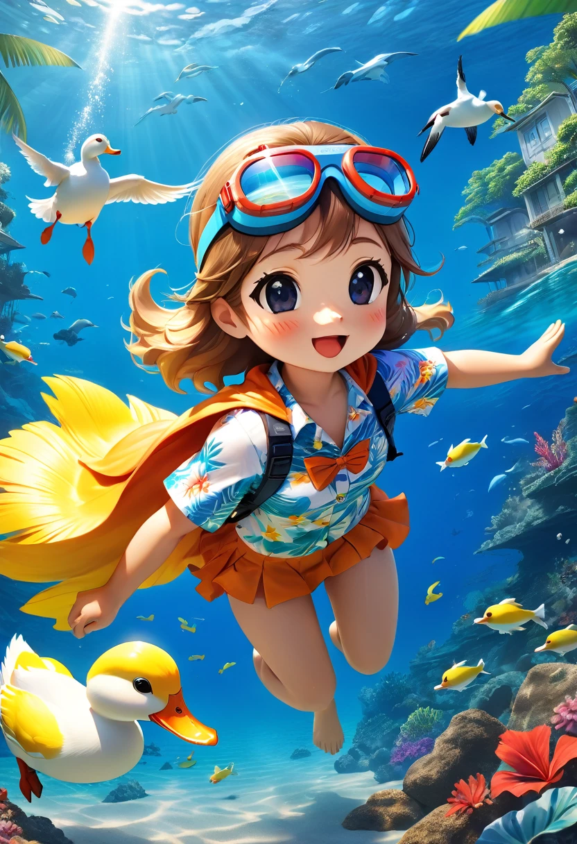 Esbian all over body、Cool white duck、Pop White Duck、Diorama、Simple Background、Underwater goggles、Snorkel、Aloha Shirt、Hawaii beach background、Cape、Best Quality, Capture the cutest moments, Depth of written boundary, Super detailed, Ultra-high resolution, Octadale, 8k, 16km race