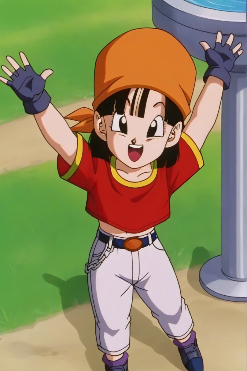 fountain_cheered up, score_9, score_8_above, score_7_above, cheered up screencap,8k, absurd resolution,
Pan \(Dragon Ball\), 1 girl, Alone, SMILE, Open mouth, hits, happy, Grass, black fur, Field, clavicle, aboveper body, :d, teeth, blunt hits, outdoor, black eyes, arm above, eyelashes, aboveper teeth only, happy, Red shirt, golden ornaments, in front of the viewer, close-above, bandana, retro artStyle, , 1990s \(Style\), orange scarf, language, arched eyebrows, arms above, short hair, medium chest, showing buttocks, 2nalgas, perfect anatomy, skimpy clothing, medium breasts, medium rear, unclothed, bare shoulders, big sexy ass, medium hips
