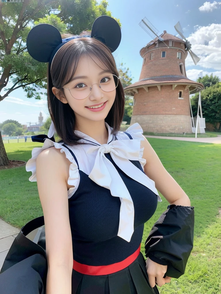 (A super cute Korean high school girl wearing Korean-style cute glasses cosplaying as Mickey Mouse takes a photo 1.2)(grin,Smile)(Beautiful Sweat:1.1)(16K, RAW Photos, Highest quality, masterpiece: 1.2),(Beautiful short bob hair with even bangs, black hair) Super detailed, Super Resolution, (Genuine, Genuine photos: 1.37), Portraiture, High-resolution RAW color photos, Professional photos, Very detailed, 8k wallpaper, Very detailed CG Unity 8k wallpaper, Very detailed beautiful girls, Very detailed faces, ((whole body)), beautiful woman, Huge breasts,(huge boobs:1.1) (Big Boobs:1.1), Beauty college student( (A tight, girly, navy sleeveless  with ribbon),) (Mickey Mouse headband),high school girl, Korean Girls,(K-POP Female Idols), (Idol-class beauty)(Beautiful high school girl:1.1)(Beautiful park with windmills)(18-year-old)(Stylish school uniform-style outfit:1.1)plain girl,thick lensed foggy glasses