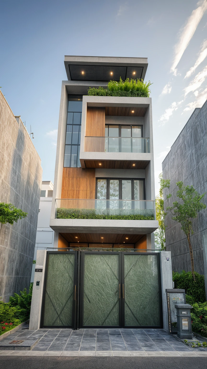 modern villa on street, (daylight), tropical tree, green shrub and plants, vivid color, streetcapes, minimalist design, brigth grey tone, (large glass door:1.2), warm interior lighting, modern material, best quality, ultra realistic, masterpiece,