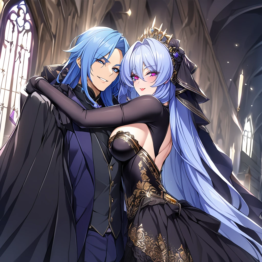 ((Highest quality)), ((masterpiece)), (detailed), (Perfect Face)、The woman is the evil queen, Extia, with medium-long blue hair, a gorgeous black wedding dress with gold embroidery and trim, a black wedding veil, an engagement ring, gorgeous accessories, lipstick and makeup, and a dignified, beautiful evil queen who is embracing a man with a happy expression on her face.、、The man is the evil king, Naioro, a strong, handsome man with medium-long silver hair, wearing a luxurious black bodysuit with gold embroidery and trim, and embracing a woman.、The woman is happily getting married in a posh church belonging to an evil organization.