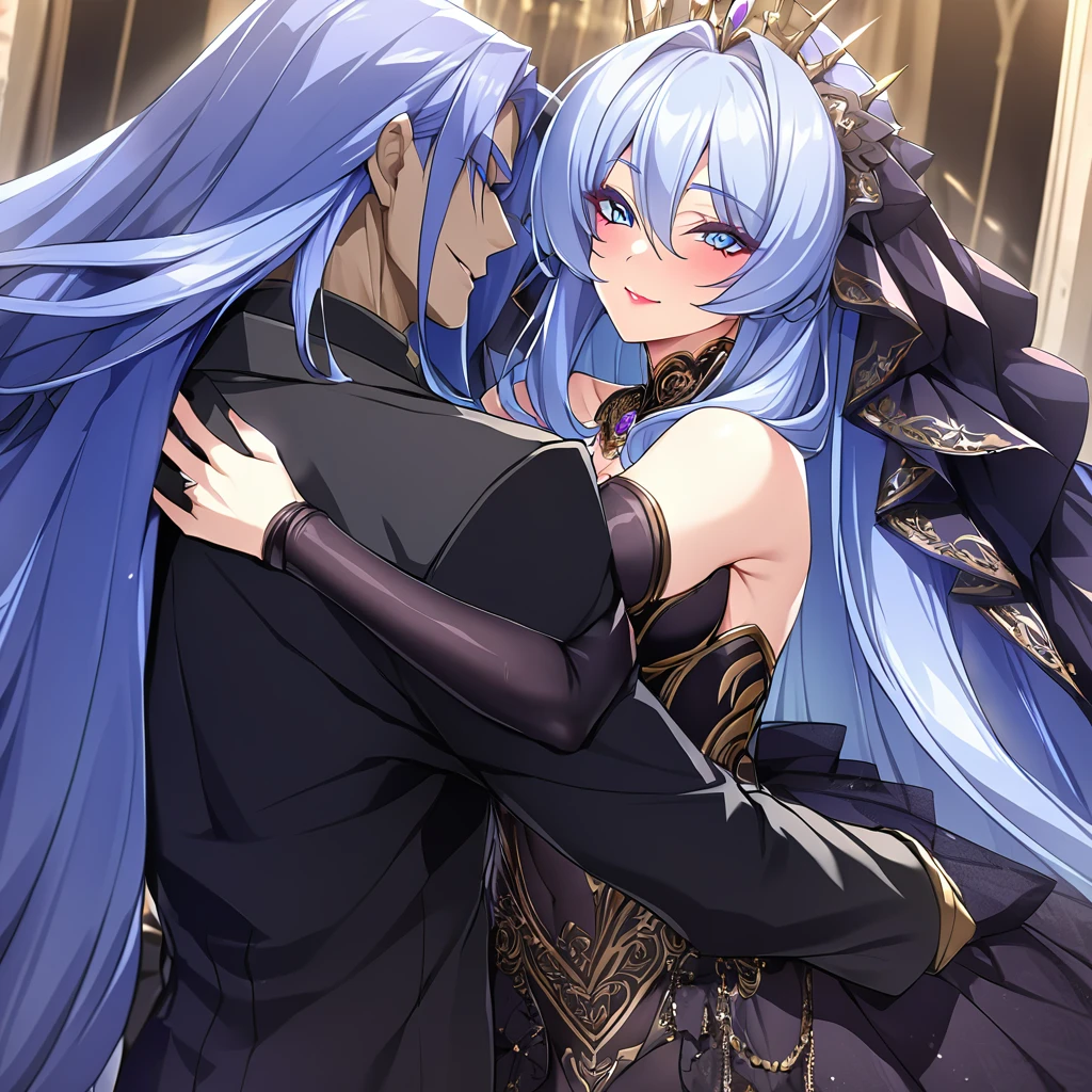 ((Highest quality)), ((masterpiece)), (detailed), (Perfect Face)、The woman is the evil queen, Extia, with medium-long blue hair, a gorgeous black wedding dress with gold embroidery and trim, a black wedding veil, an engagement ring, gorgeous accessories, lipstick and makeup, and a dignified, beautiful evil queen who is embracing a man with a happy expression on her face.、、The man is the evil king, Naioro, a strong, handsome man with medium-long silver hair, wearing a luxurious black bodysuit with gold embroidery and trim, and embracing a woman.、The woman is happily getting married in a posh church belonging to an evil organization.