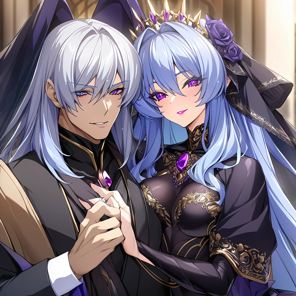 ((Highest quality)), ((masterpiece)), (detailed), (Perfect Face)、The woman is the evil queen, Extia, with medium-long blue hair, a gorgeous black wedding dress with gold embroidery and trim, a black wedding veil, an engagement ring, gorgeous accessories, lipstick and makeup, and a dignified, beautiful evil queen who is embracing a man with a happy expression on her face.、、The man is the evil king, Naioro, a strong, handsome man with medium-long silver hair, wearing a luxurious black bodysuit with gold embroidery and trim, and embracing a woman.、The woman is happily getting married in a posh church belonging to an evil organization.