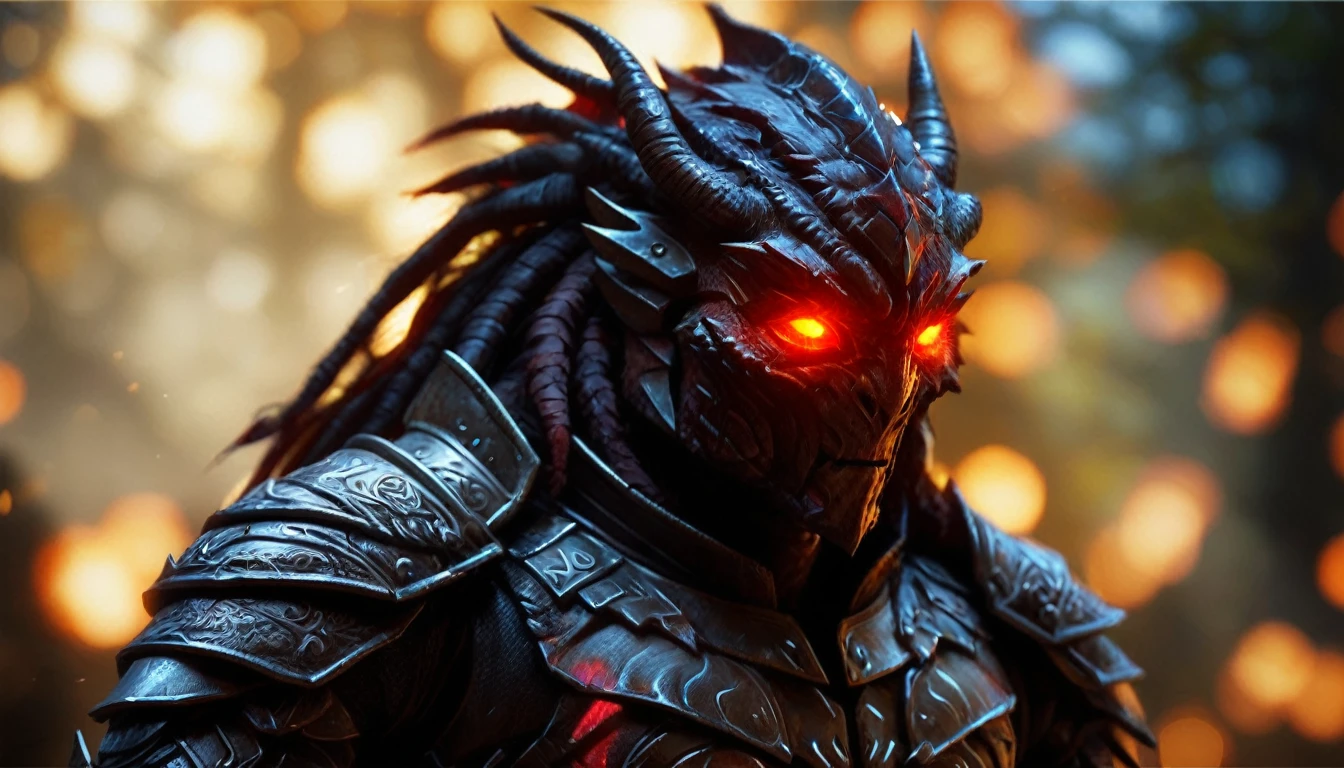 black dragonborn, solo, red eyes, male, upper body, male focus, horns, cape, armor, glowing, glowing eyes , volumetrics dtx, (film grain, blurry background, blurry foreground, bokeh, depth of field, motion blur, realistic:1.3) , ((masterpiece, best quality)), art by greg rutkowski