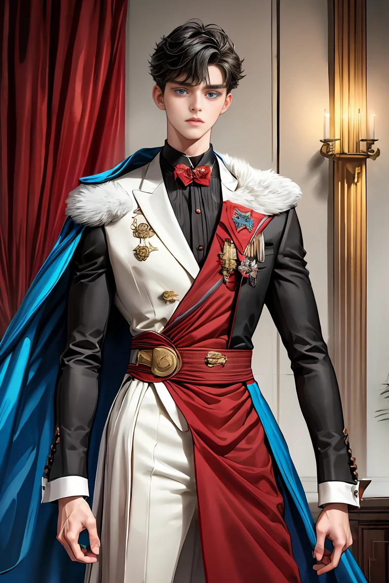 
masterpiece, 最high quality, high quality, 1 boy, alone, Male focus, Watching the audience,  Messy black hair, Adorable big blue eyes, White people, Noble, Noble,Sexy voluminous black and red cape、Tuxedo、A very voluminous, large, very large, very large, long, long red and black cape with a high stand-up collar, reaching down to the floor, made of a lot of fabric., 17 years old,Cute beautiful boys,Cute, cute, kind, handsome guy
