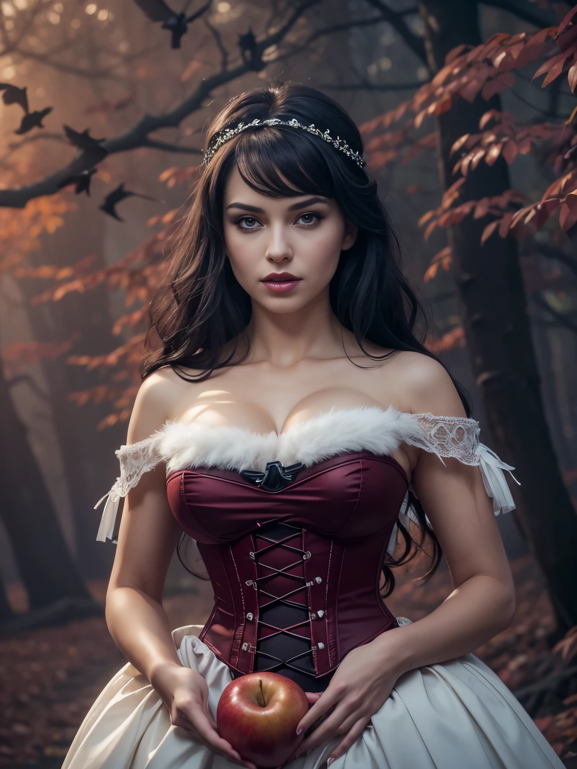 (masterpiece, photorealistic. Uhd) an ultra hot gorgeous European princess Snow White. Age 24. in a corset dress, pleated skirt, black stockings. expressive eyes, perfect face, large breast, small waist, perfect figure, highly detailed, showing cleavage, brown eyes, bangs, full body portrait, in the misty woods,((standing surrounded by crows)