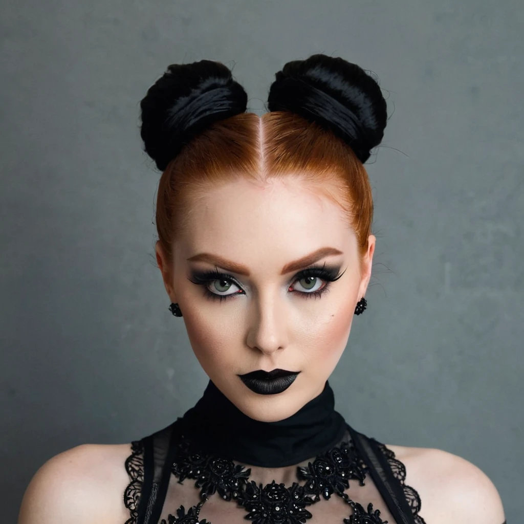 score_8_up, score_7_up, score_6_up, ginger girl, , goth make up black, hair bun