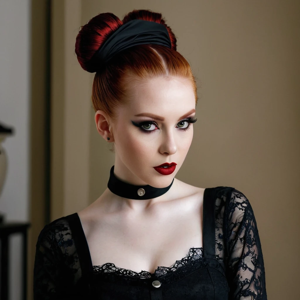 score_8_up, score_7_up, score_6_up, ginger girl, , goth make up black, hair bun