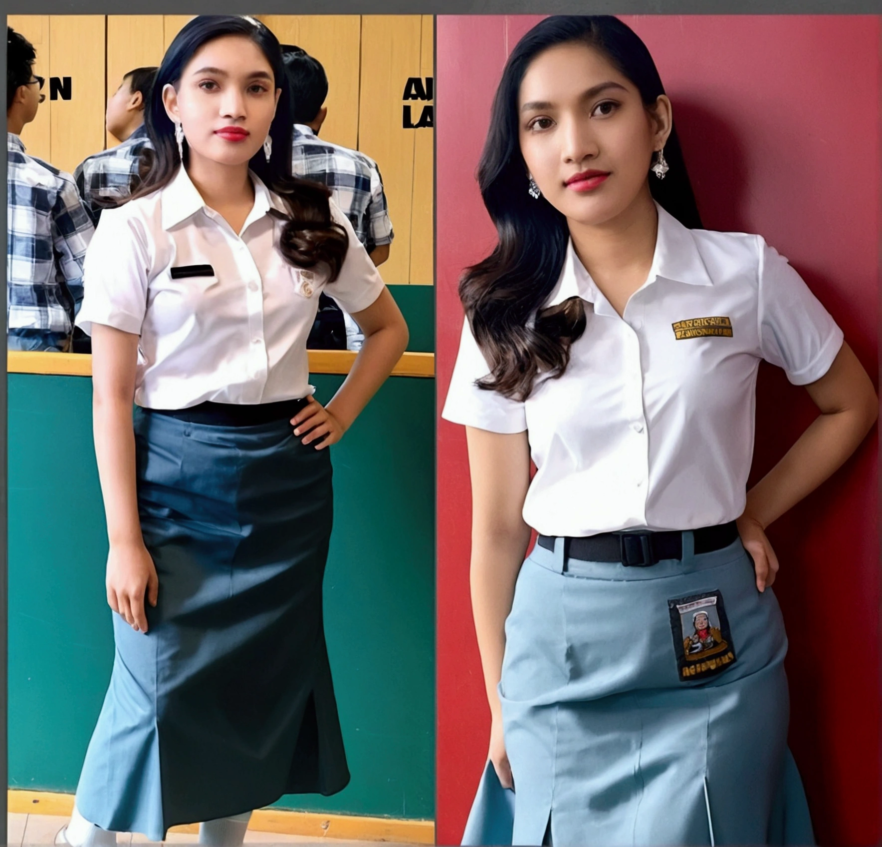 Beautiful woman, 18 years old, with an Indonesian high school student council uniform (white and gray, tight fitting clothes and long skirt) long black wavy hair. Standing posing in front of the class.