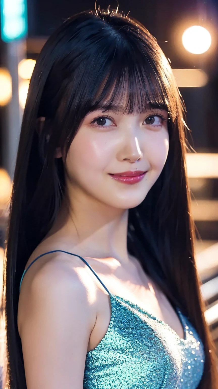 1girl,(wearing a blue glittery evening dress:1.2),(RAW photo, best quality), (realistic, photo-realistic:1.4), masterpiece, an extremely delicate and beautiful, extremely detailed, 2k wallpaper, Amazing, finely detail, extremely detailed CG unity 8k wallpaper, ultra-detailed, highres, soft light, beautiful detailed girl, extremely detailed eyes and face, beautiful detailed nose, beautiful detailed eyes,cinematic lighting,city lights at night,perfect anatomy,slender body,light smile,close up,(long hair with bangs), big breast