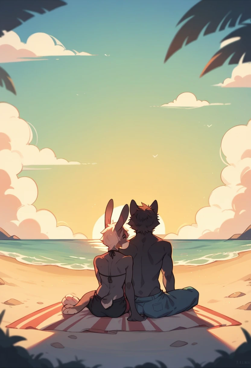Create the silhouette of a couple of anthropomorphic animals, a male rabbit and a male wolf, back sitting on the beach sand watching the sunset