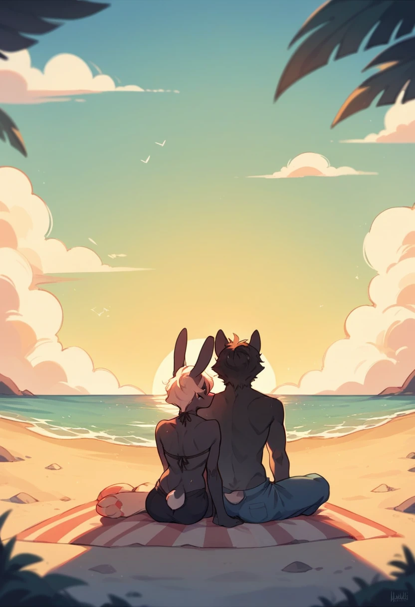 Create the silhouette of a couple of anthropomorphic animals, a male rabbit and a male wolf, back sitting on the beach sand watching the sunset