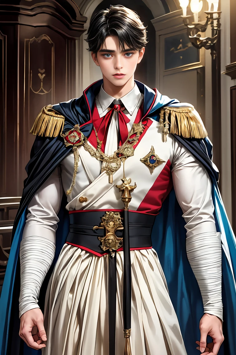 
masterpiece, 最high quality, high quality, 1 boy, alone, Male focus, Watching the audience,  Messy black hair, Adorable big blue eyes, White people, Noble, Noble,Sexy voluminous cape、vampire、A very voluminous, large, very large, very large, long, long red and black cape with a high stand-up collar, made of a lot of fabric that reaches down to the floor., 17 years old,Cute beautiful boys,Cute, cute, kind, handsome guy
