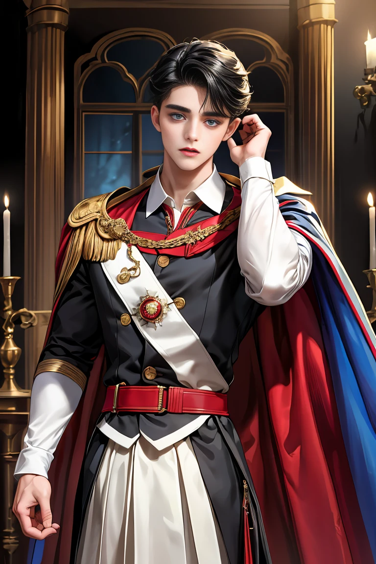 
masterpiece, 最high quality, high quality, 1 boy, alone, Male focus, Watching the audience,  Messy black hair, Adorable big blue eyes, White people, Noble, Noble,Sexy voluminous cape、vampire、A very voluminous, large, very large, very large, long, long red and black cape with a high stand-up collar, made of a lot of fabric that reaches down to the floor., 17 years old,Cute beautiful boys,Cute, cute, kind, handsome guy