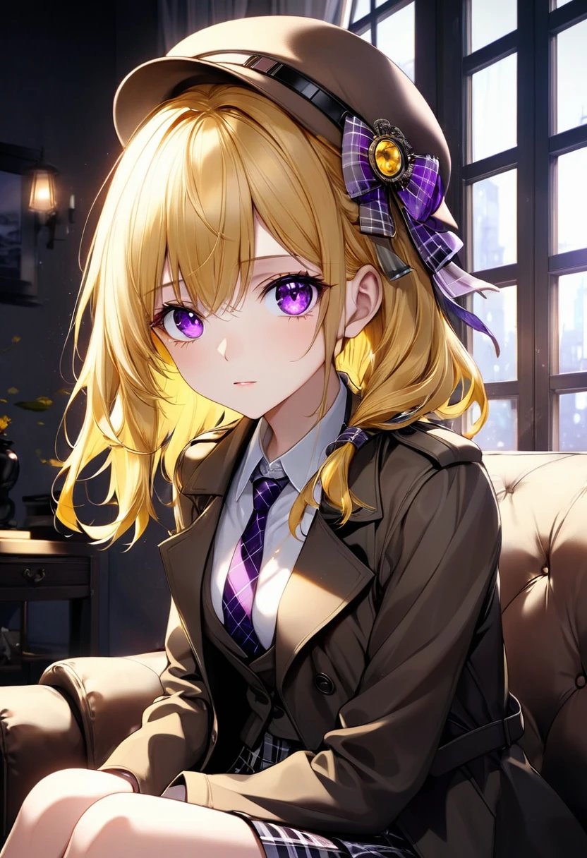 8k, highres, 1girl, 18 years old, beautiful skin texture, ultra detailed face, ultra detailed eyes,( immersive ambience, chiarosscuro, bright light, glow lighting), delicate facial features, medium beasts, purple eyes, yellow hair , black trench coat, white suit, checked skirt, necktie, brown deerstalker hat, sitting on sofa, crossedleg, serious, indoors, High-quality animation style presentation, Beautiful and extremely fine texture, high contrast, sunlight from window