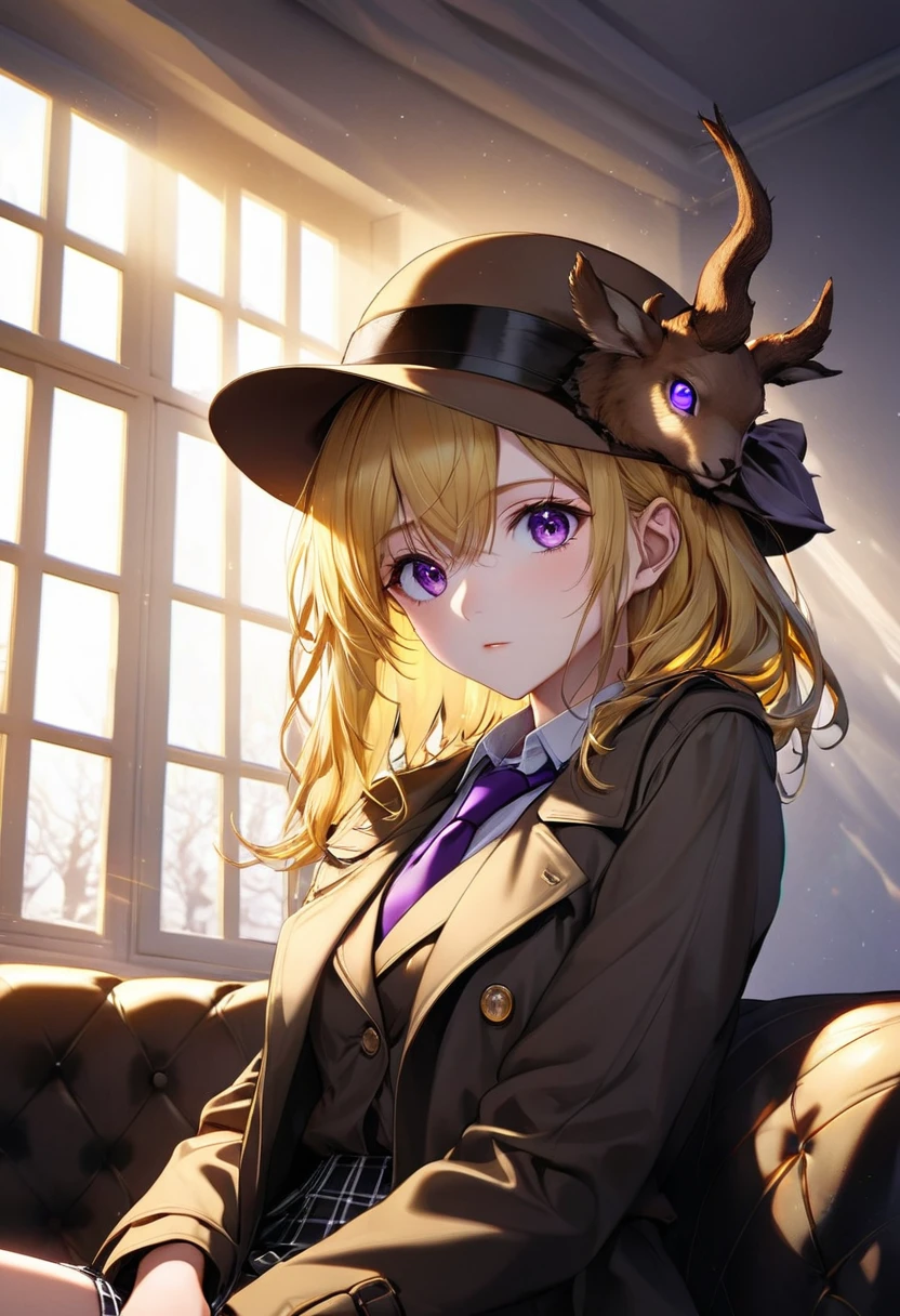 8k, highres, 1girl, 18 years old, beautiful skin texture, ultra detailed face, ultra detailed eyes,( immersive ambience, chiarosscuro, bright light, glow lighting), delicate facial features, medium beasts, purple eyes, yellow hair , black trench coat, white suit, checked skirt, necktie, brown deerstalker hat, sitting on sofa, crossedleg, serious, indoors, High-quality animation style presentation, Beautiful and extremely fine texture, high contrast, sunlight from window