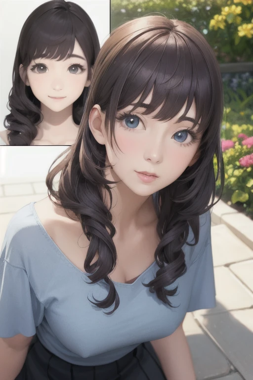 girl,Character design sheet,Beautiful attention to detail,Beautiful lip detail,Very detailed目と顔,Long eyelashes,Realistic,photoRealistic:1.37,Very detailed,Professional,Vibrant colors,Portraiture,Studio Lighting,Sharp focus,Physically Based Rendering,High resolution,超High resolution. blue eyes,Big eyes, Long Hair,Curly hair、Black Hair,Red cheeks,Lower eyes,Long skirt、garden,squirt,Meeting,