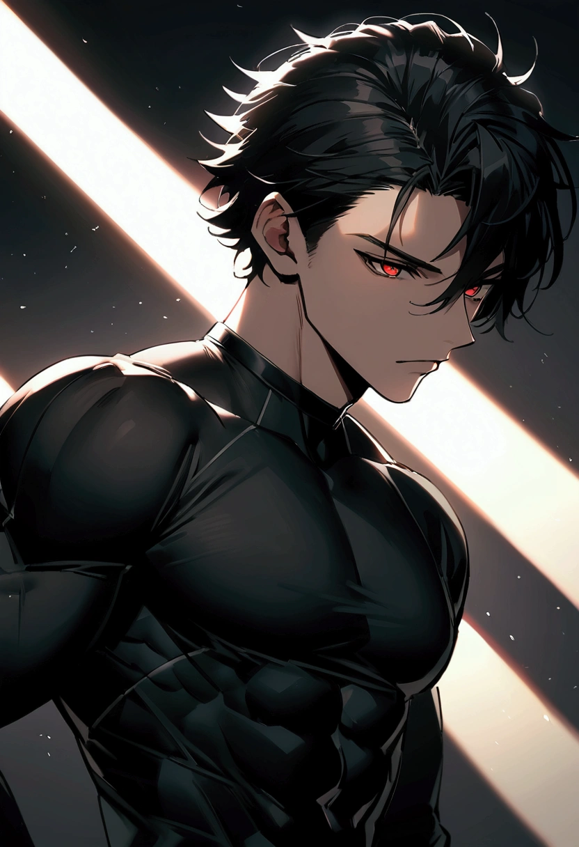 masculine man, tall, muscular, long-sleeved sports shirt made of black lycra, short black hair combed back and red eyes, black belt and black gloves, slim, 24 years old
