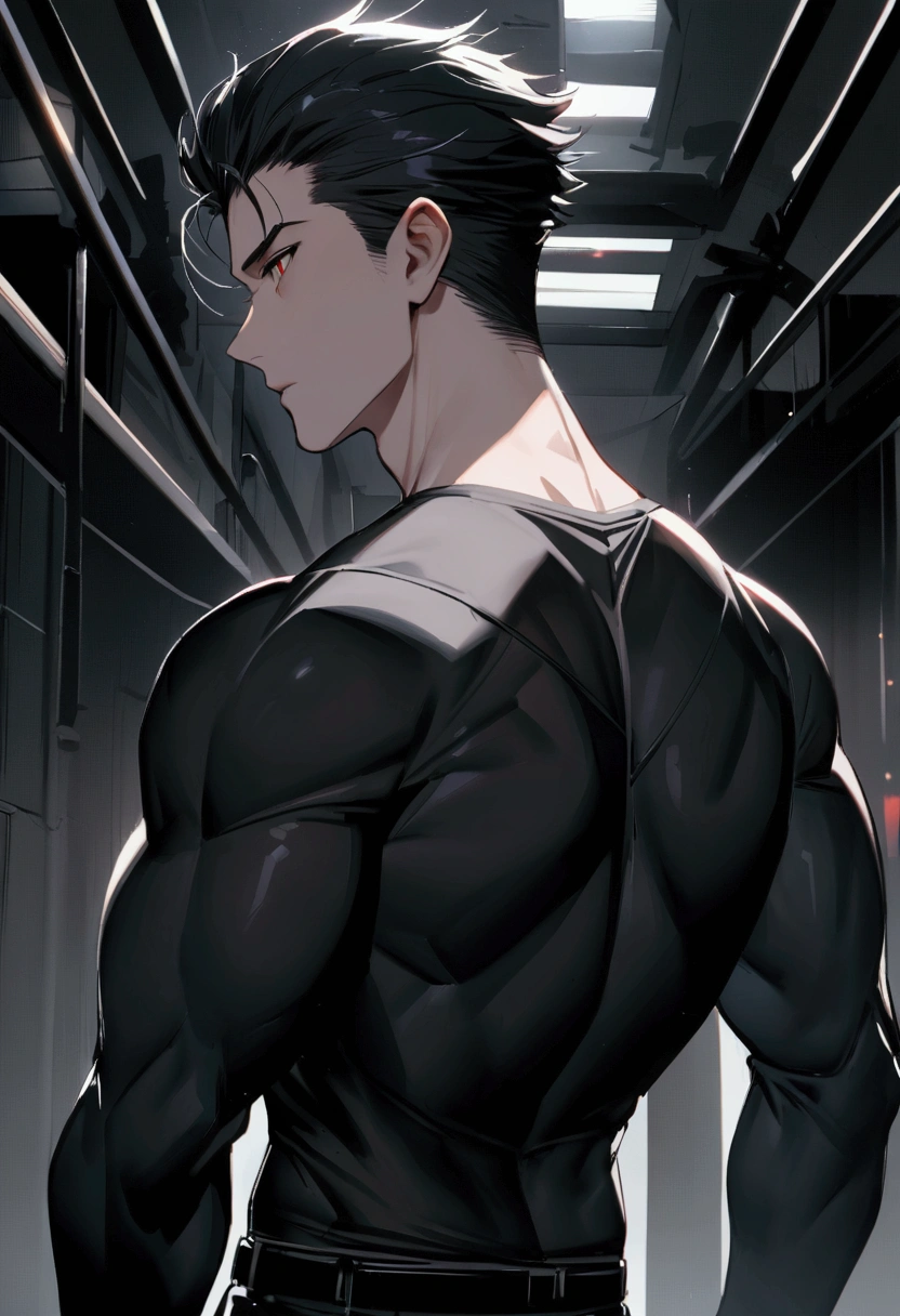 masculine man, tall, muscular, long-sleeved sports shirt made of black lycra, short black hair combed back and red eyes, black belt and black gloves, slim, 24 years old