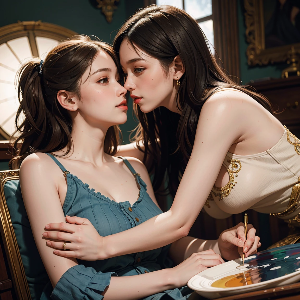 young woman, Olhar Telescope, (masterpiece), (HighestQuali), two girls is deeply in love with each other, kiss, Paint oil, Realistic oil painting, bust, clear details, high realism, clothing style of the era, (perfect ???????)