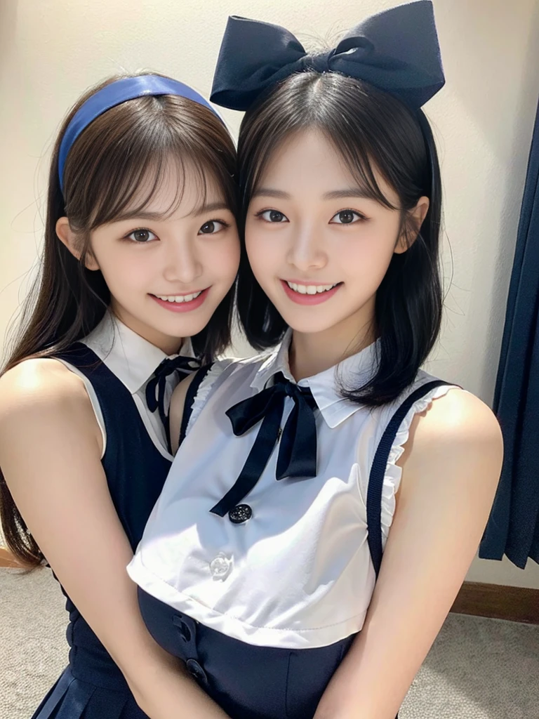 (Super cute Korean high school girls duo take photos 1.2)(grin,Smile)(Beautiful Sweat:1.1)(16K, RAW Photos, Highest quality, masterpiece: 1.2),(Beautiful short bob hair with even bangs, black hair) Super detailed, Super Resolution, (Genuine, Genuine photos: 1.37), Portraiture, High-resolution RAW color photos, Professional photos, Very detailed, 8k wallpaper, Very detailed CG Unity 8k wallpaper, Very detailed beautiful girls, Very detailed faces, ((whole body)), beautiful woman, Huge breasts,(huge boobs:1.1) (Big Boobs:1.1), Beauty college student (A tight, girly, navy sleeveless with ribbon),high school girl, Korean Girls,(K-POP Female Idols), (Idol-class beauty)(Beautiful high school girl:1.1)(Disneyland)(18-year-old)(Stylish school uniform-style outfit:1.1)(Group photo:1.1)(Disney headbands:1.0)
