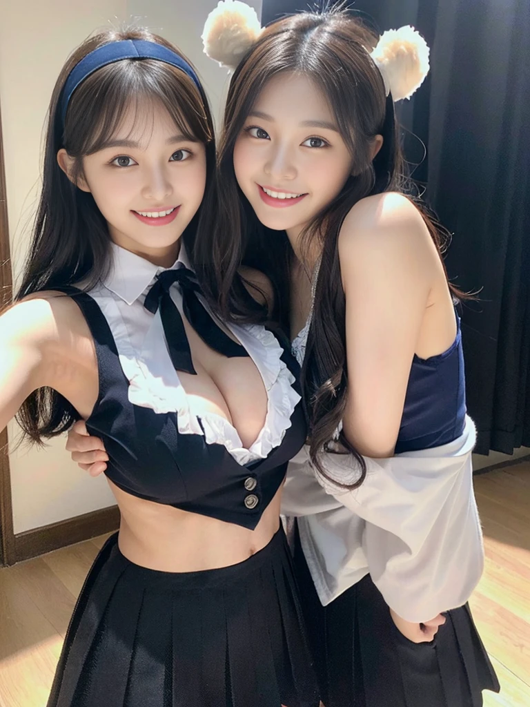 (Super cute Korean high school girls duo take photos 1.2)(grin,Smile)(Beautiful Sweat:1.1)(16K, RAW Photos, Highest quality, masterpiece: 1.2),(Beautiful short bob hair with even bangs, black hair) Super detailed, Super Resolution, (Genuine, Genuine photos: 1.37), Portraiture, High-resolution RAW color photos, Professional photos, Very detailed, 8k wallpaper, Very detailed CG Unity 8k wallpaper, Very detailed beautiful girls, Very detailed faces, ((whole body)), beautiful woman, Huge breasts,(huge boobs:1.1) (Big Boobs:1.1), Beauty college student (A tight, girly, navy sleeveless  with ribbon),high school girl, Korean Girls,(K-POP Female Idols), (Idol-class beauty)(Beautiful high school girl:1.1)(Disneyland)(18-year-old)(Stylish school uniform-style outfit:1.1)(Group photo:1.1)(Disney headbands:1.0)