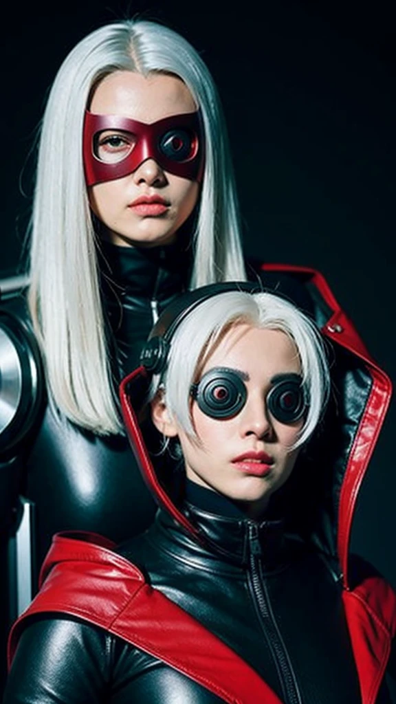 A female character with white hair and red eyes is in the foreground. She wears black armour with a hood and a cybernetic eyepatch over one eye. The woman is holding a large gun, which has mechanical details. The armour has a cross motif on it, giving the overall atmosphere a dark, dystopian feel. The background is simple, emphasising the character's presence.