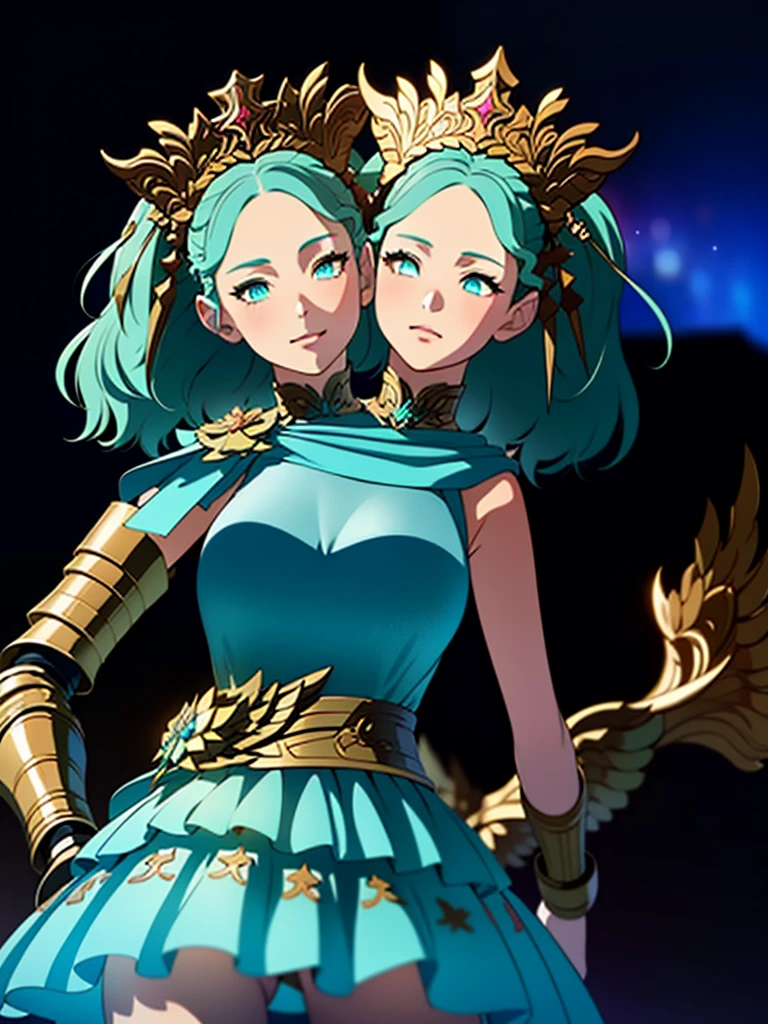 Best quality, masterpiece, ultra high res, (photorealistic:1.4), 1girl, offshoulder, deep shadow, shiny skin,depth of field, night sky, crown,  aqua eyes, blue hair,  luxury dress, white dress, shiny dress, good hand, depth of field,  white skin, glowing eyes,  golden armor arm,  (2heads:1.8)