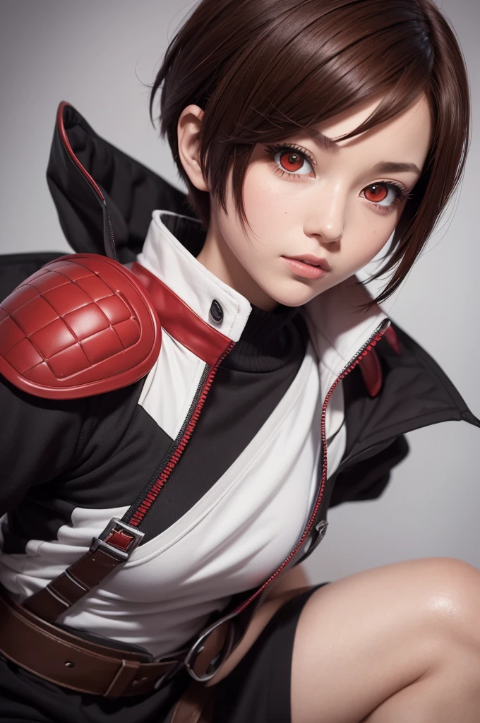 ((best quality)), ((masterpiece)), (detailed), 1girl, My Hero Academia art style, red eyes, short pixie cut, brown hair