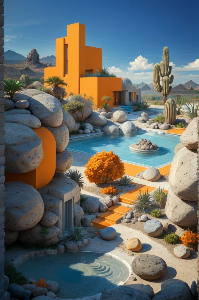 An illustration in collage style, with giant boulders, brutalist building sections, terraces, stairs, cacti, agave, concrete texture, multiple geometric shapes, hatch and cross hatching, planet saturn, volcano, moon, Luis Barragán's architectural style build, milky way galaxy, violet, one motorcycle, An illustration in collage style, with giant boulders, brutalist building sections, stairs, cacti, agave, concrete texture, multiple geometric shapes, hatch and cross hatching, planet saturn, volcano, moon, Luis Barragán's architectural style build, reflective pool, terraces. An elegant and modern build, in top of big boulders, with terraces, materials concrete, wood, steel and crystal, various gardens with tropical vegetation, cacti and rocks, stairs, a pool. In middle of sea, a big wave near, sunset, mountains and a volcano in the horizont, cute islands around, illustration format, cute color palette, detailed, masterpiece, award-winning work, clouds, Illustration, a garden with abundant cacti, ((various organic sculptures)), ((big rocks)), (((multiple sections))), collage style, detailed, (((color palette (olive green), (Mustard orange), cool grey, ((blue)), black and white))), (((a lot Luis barragán's architecture style builds))) big clouds, volcano in horizon, stairs, in the desert. ((masterpiece, best quality)),illustration,ultra detailed 8k, ((Ori Toor visual style)),soviet, megabuildings, megastructures, buildings, organic steel sculpture, brutalism, brutalism, brutalism, David Hockney, David Hockney, David Hockney