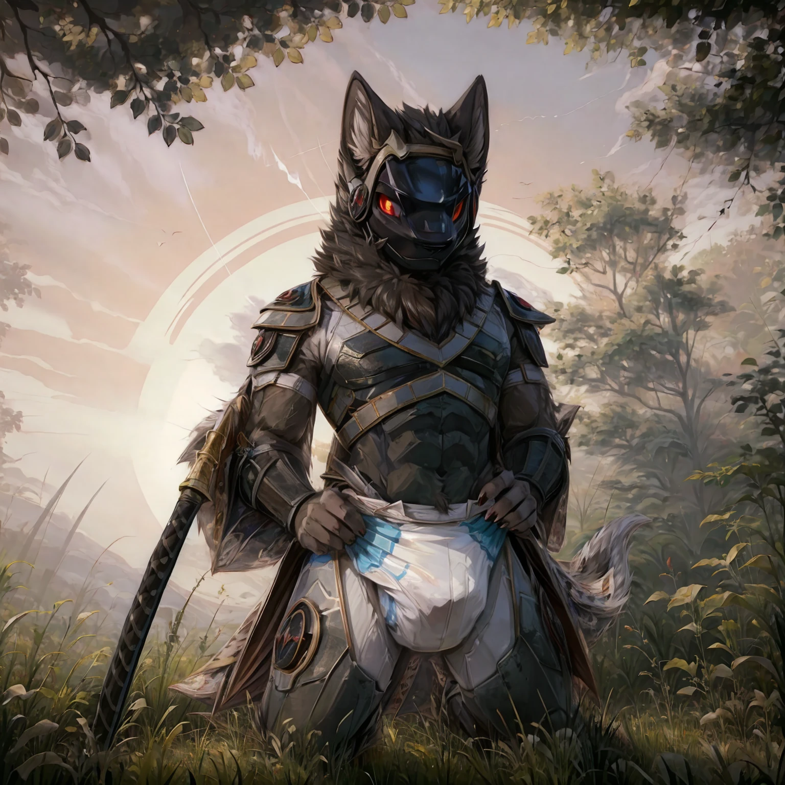 high resolution masterpiece)), ((best quality)), illustration, furry, cat, animal ears, tail, body fur, black fur, 1 boy, man, upper body, 1 boy alone, adult */ /*, red eyes *//*, black full body samurai armor, samurai helmet, looking down right, blank expression, serious look, holding a katana, night forest in the background, wearing a diaper,