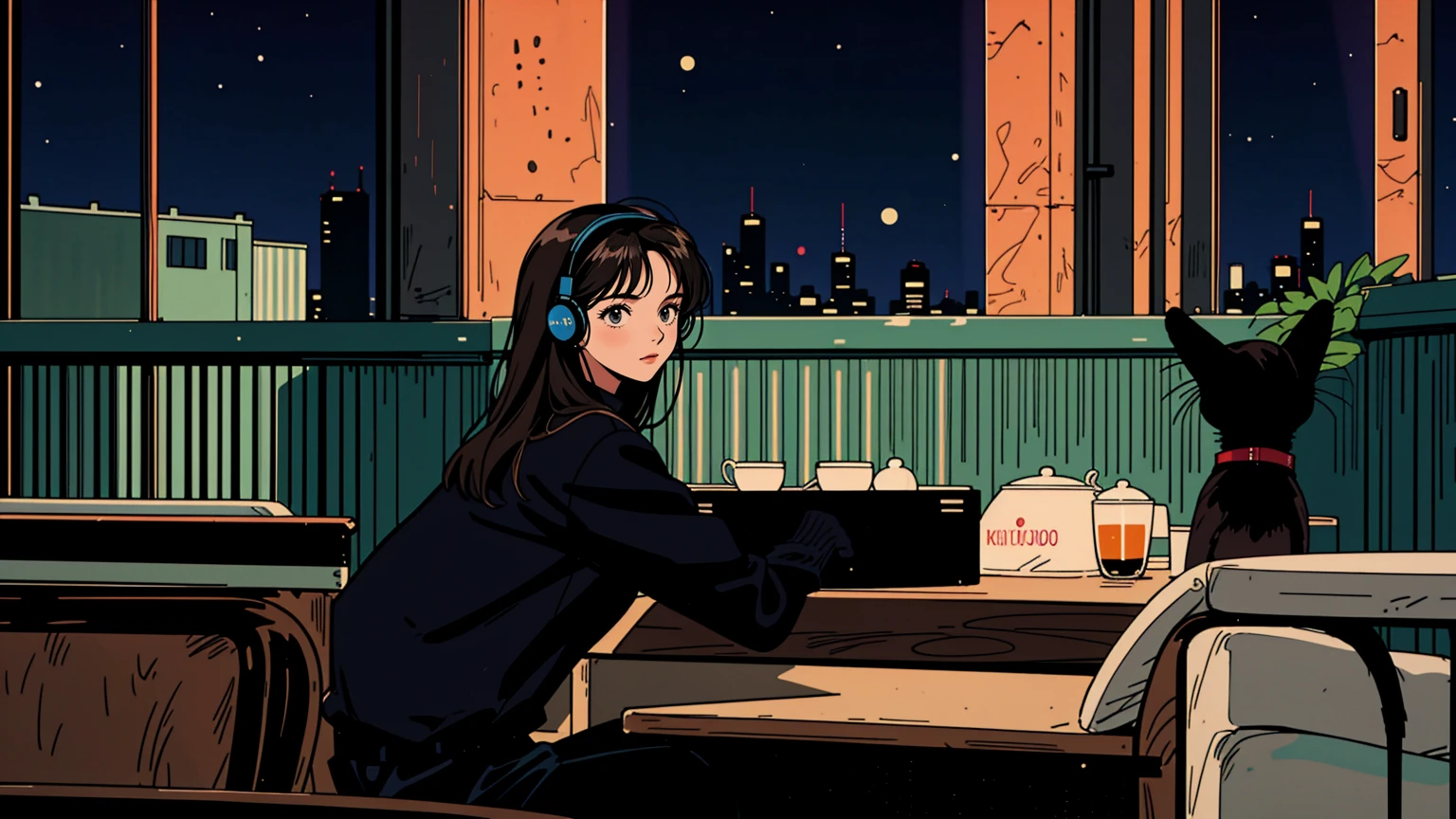 best quality, 8k, 1990s style,2010s hairstyles, 21 year old girl, black hair, long hair, light brown eyes, city pop, pants ,night view, wearing headphones, whole body,  relax coffee,table,confection,Looking at me, Black cat
