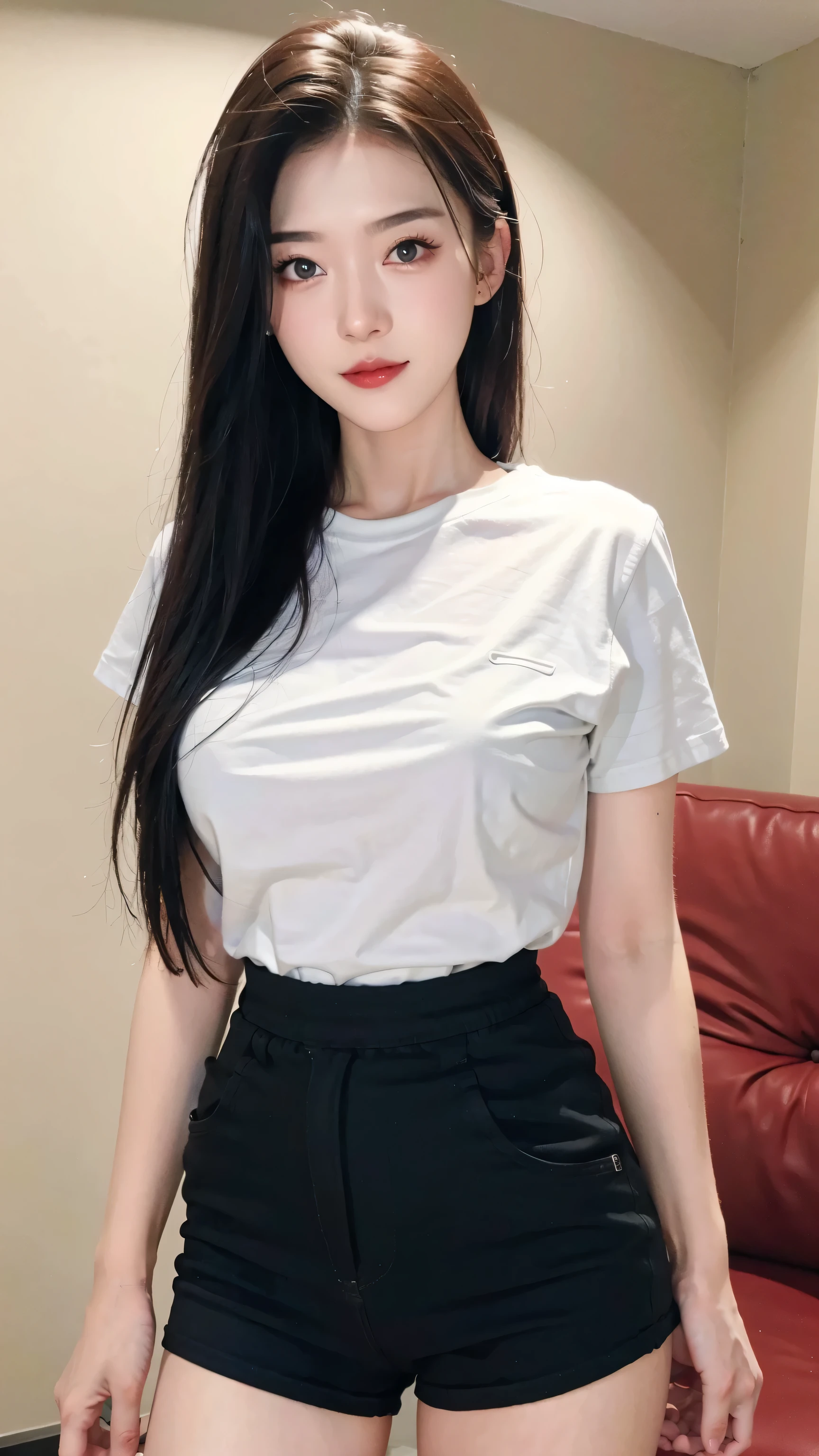 ((Realistic photo, Best quality, 8K, Masterpiece: 1.3)), (raw photo:1.2), Hyperrealist portrait gorgeous Beautiful Chinese girl, 18 years old, Perfect Figure, pretty body, (beautiful flat breasts: 1.2), very detailed eyes and face, (lustfully naughty face, crimson red lip, heavy makeup: 1.3, blushing), beautiful detailed eyes, seductive sharp eyes, (charming smile: 1.1), white skin, photo realistic, very detailed face, ((modern white t-shirt, black tight hot pants: 1.2)), (long legs: 1.2, beautiful long nails), loose curls hairstyle, ((standing pose)), (living room background)