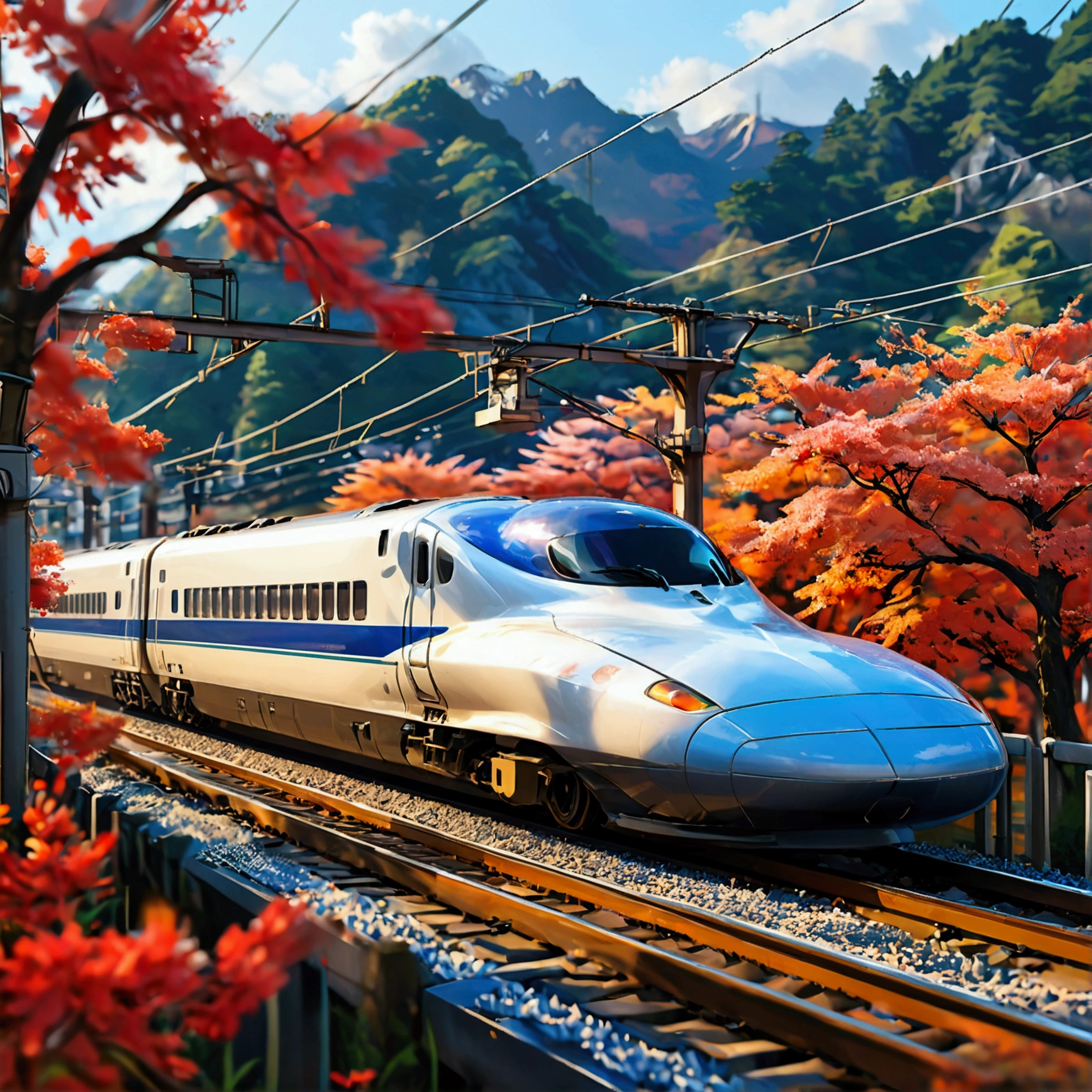 Create an illustration that meets the following conditions:。-Create an icon。-The frame is related to the Shinkansen -Draw the Nozomi Shinkansen。- Finish with high-quality illustrations。- Make it look like a character