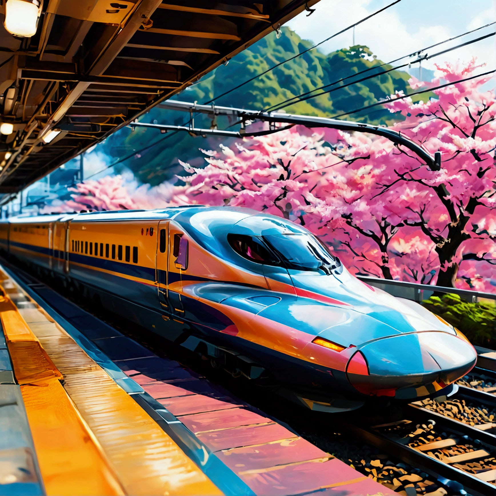 Create an illustration that meets the following conditions:。-Create an icon。-The frame is related to the Shinkansen -Draw the Nozomi Shinkansen。- Finish with high-quality illustrations。- Make it look like a character